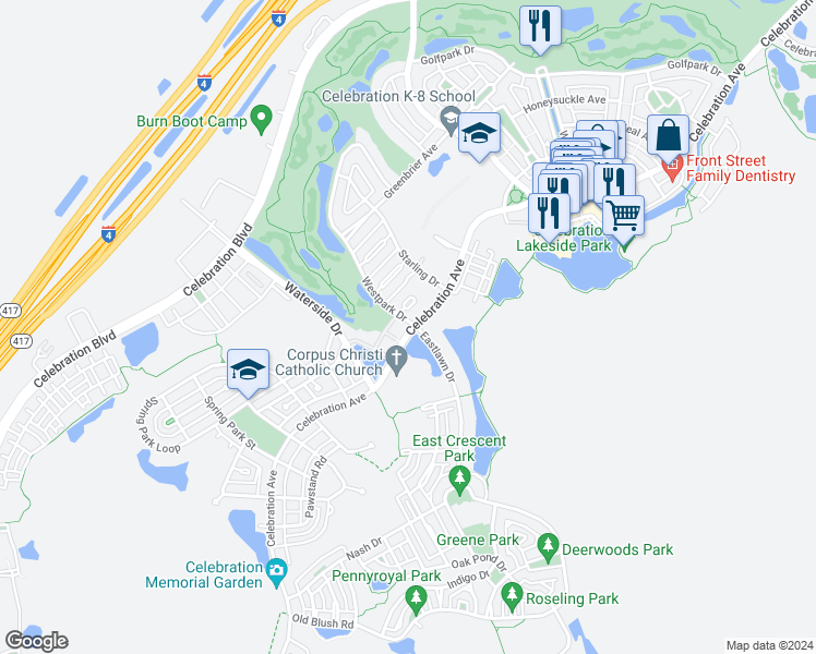 map of restaurants, bars, coffee shops, grocery stores, and more near 949 Celebration Avenue in Celebration