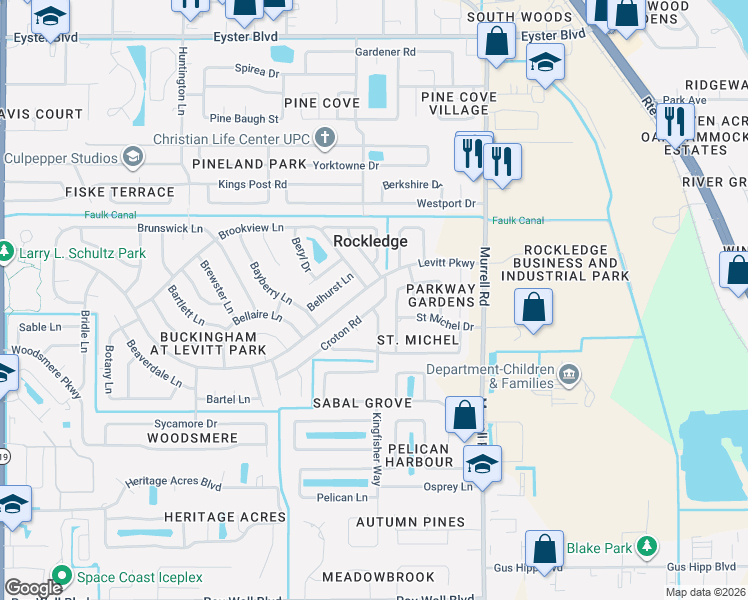 map of restaurants, bars, coffee shops, grocery stores, and more near 834 Croton Road in Rockledge