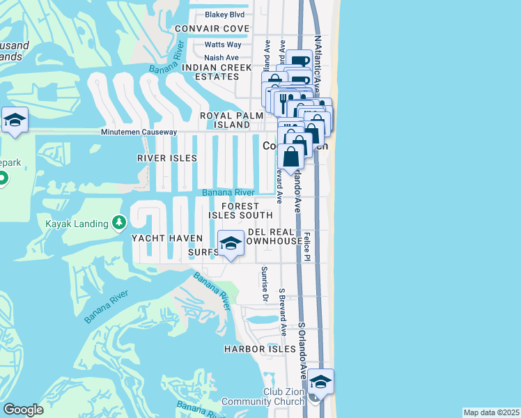 map of restaurants, bars, coffee shops, grocery stores, and more near 52 Colonial Drive in Cocoa Beach