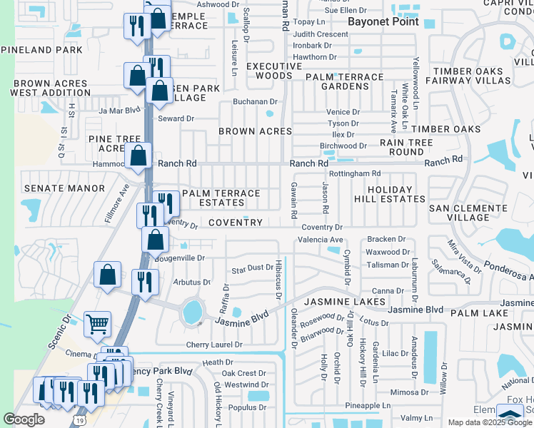 map of restaurants, bars, coffee shops, grocery stores, and more near 7410 Rhinebeck Drive in Port Richey