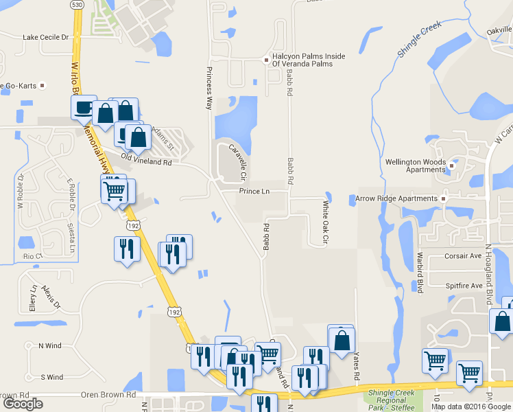 map of restaurants, bars, coffee shops, grocery stores, and more near 2351 Old Vineland Road in Kissimmee