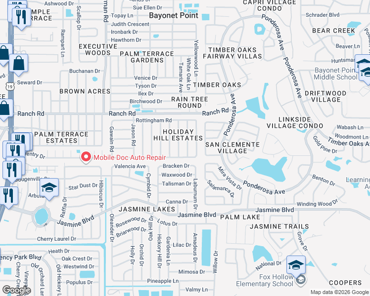 map of restaurants, bars, coffee shops, grocery stores, and more near 10811 Piccadilly Road in Port Richey