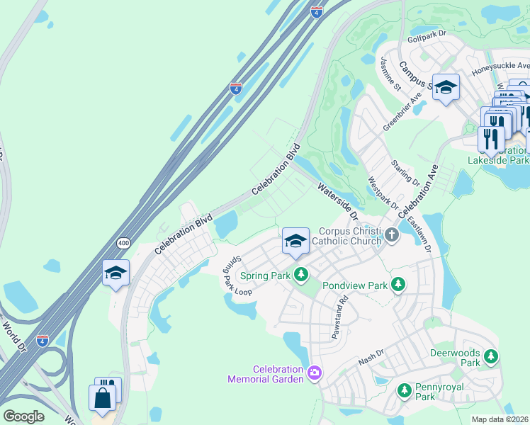 map of restaurants, bars, coffee shops, grocery stores, and more near 760 Centervale Drive in Celebration