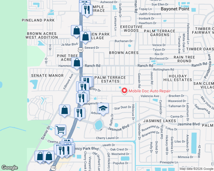 map of restaurants, bars, coffee shops, grocery stores, and more near 7212 Rhinebeck Drive in Port Richey