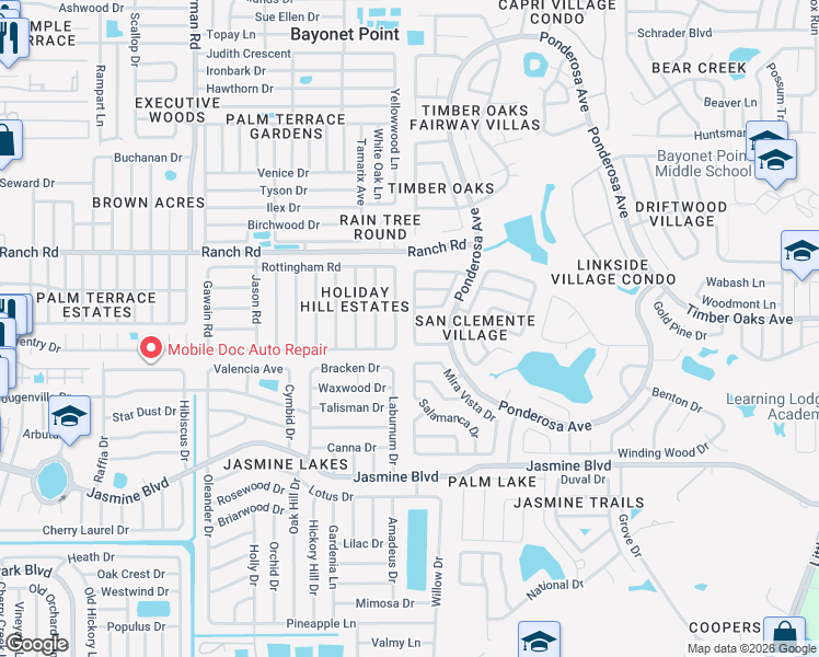 map of restaurants, bars, coffee shops, grocery stores, and more near 10809 Casa Grande Avenue in Port Richey