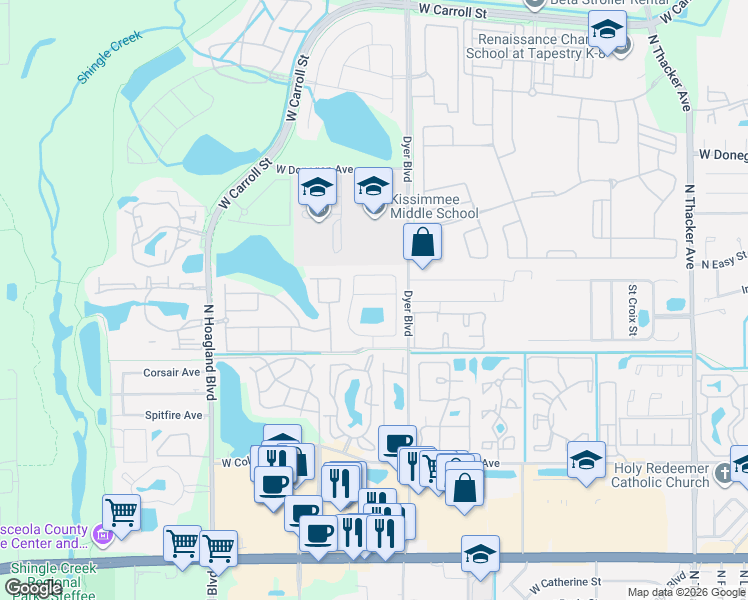 map of restaurants, bars, coffee shops, grocery stores, and more near 3434 Fox Crossing Drive in Kissimmee