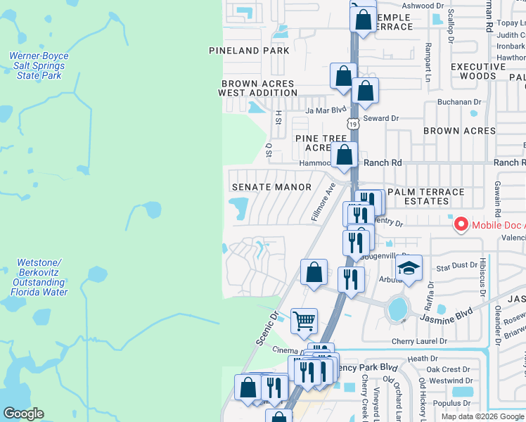 map of restaurants, bars, coffee shops, grocery stores, and more near 10802 Union Drive in Port Richey