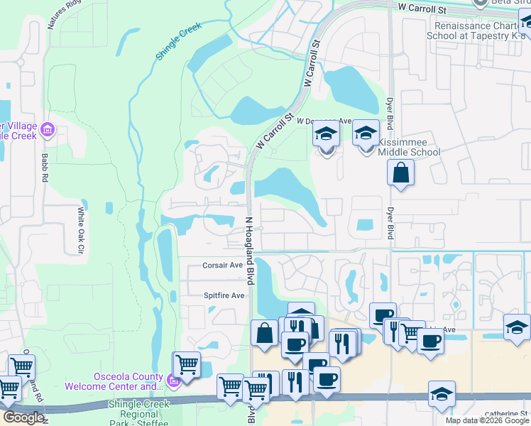 map of restaurants, bars, coffee shops, grocery stores, and more near 4001 San Sebastian Drive in Kissimmee