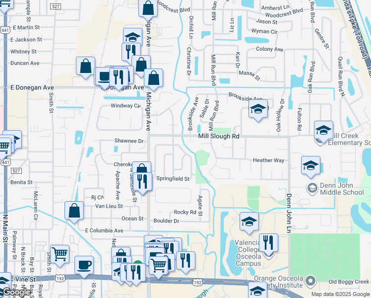 map of restaurants, bars, coffee shops, grocery stores, and more near 1379 Meadowbrook Street in Kissimmee