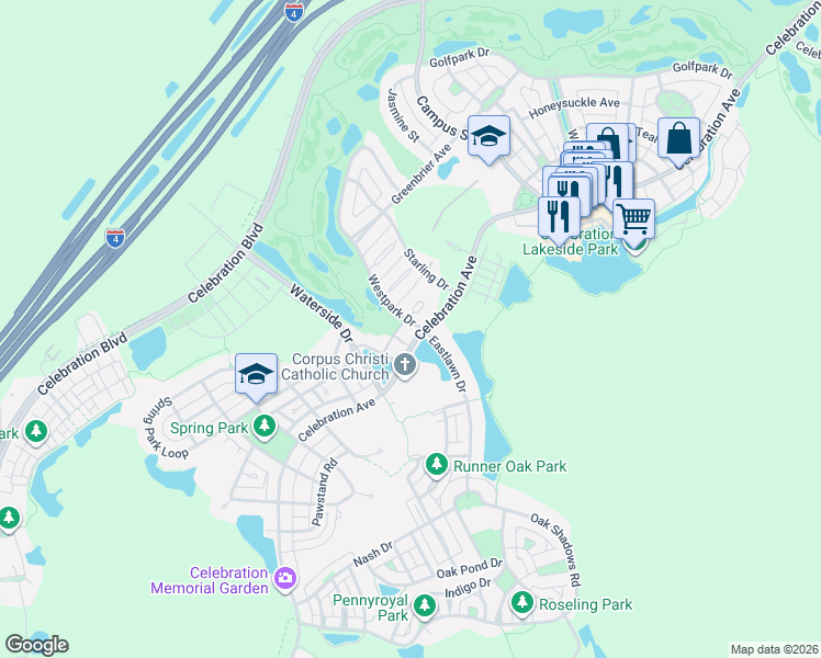 map of restaurants, bars, coffee shops, grocery stores, and more near 949 Celebration Avenue in Celebration