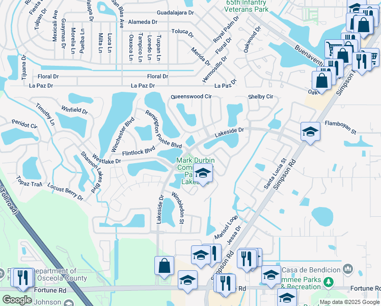 map of restaurants, bars, coffee shops, grocery stores, and more near 2251 Lakeside Drive in Kissimmee