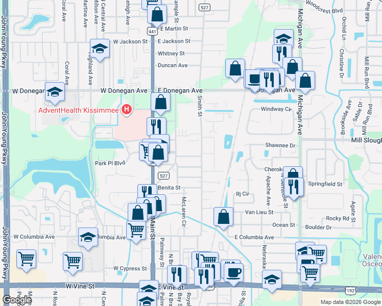 map of restaurants, bars, coffee shops, grocery stores, and more near 412 Lesesne Street in Kissimmee