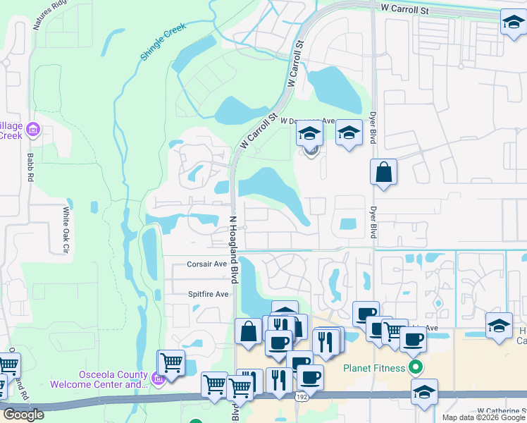 map of restaurants, bars, coffee shops, grocery stores, and more near 4001 San Sebastian Drive in Kissimmee