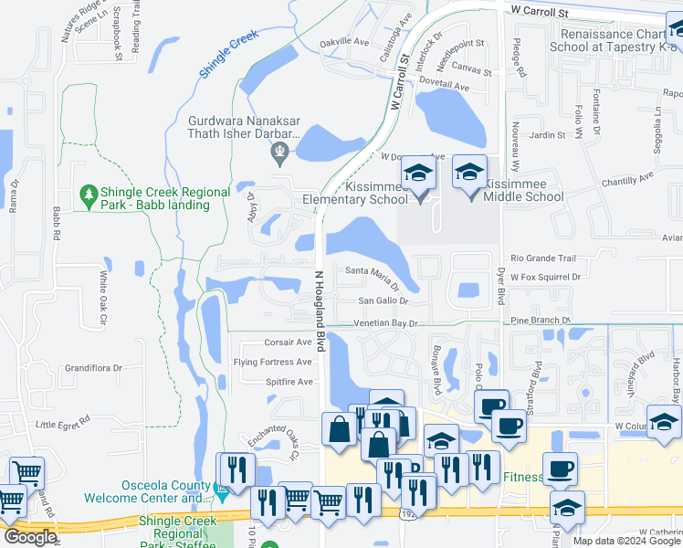 map of restaurants, bars, coffee shops, grocery stores, and more near 4001 San Sebastian Drive in Kissimmee