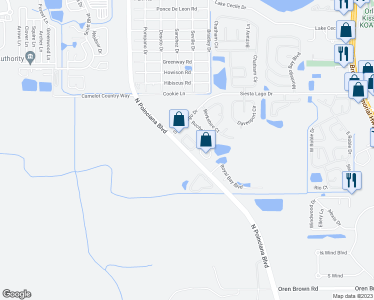 map of restaurants, bars, coffee shops, grocery stores, and more near 2340 Chadwick Circle in Kissimmee