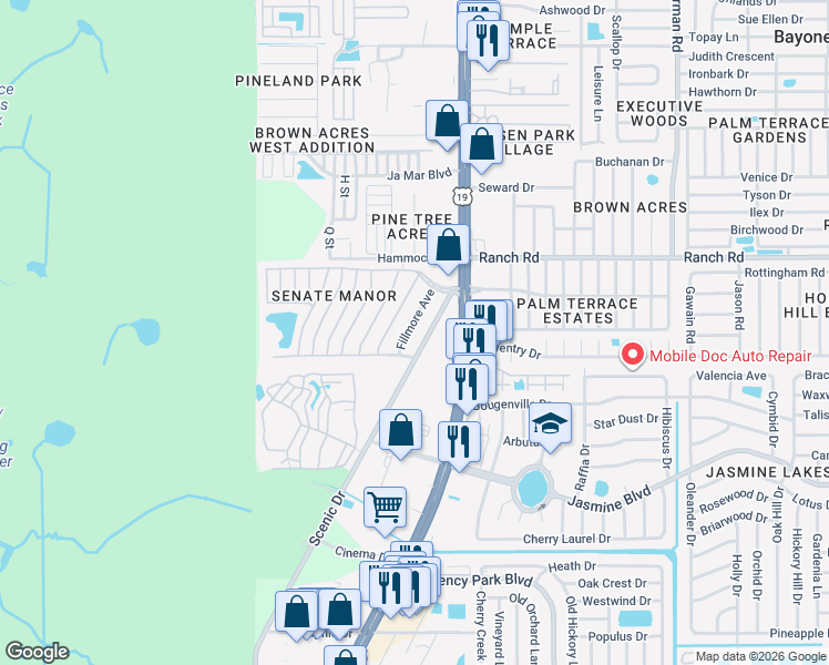 map of restaurants, bars, coffee shops, grocery stores, and more near 10805 Scenic Drive in Port Richey