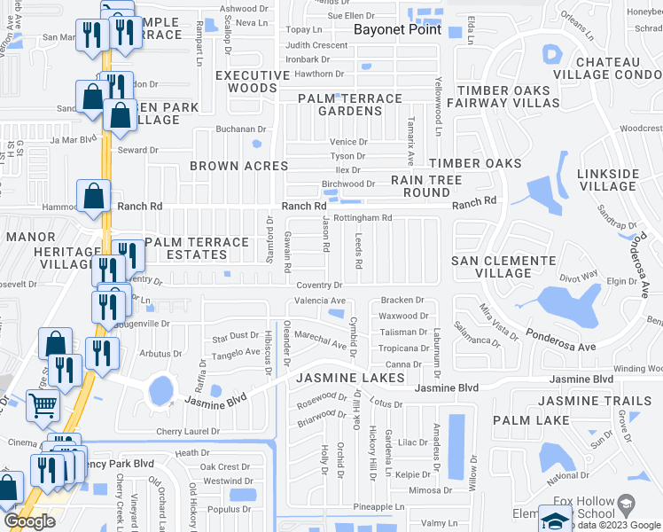 map of restaurants, bars, coffee shops, grocery stores, and more near 10810 Jason Road in Port Richey