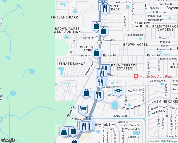 map of restaurants, bars, coffee shops, grocery stores, and more near 10814 Fillmore Avenue in Port Richey