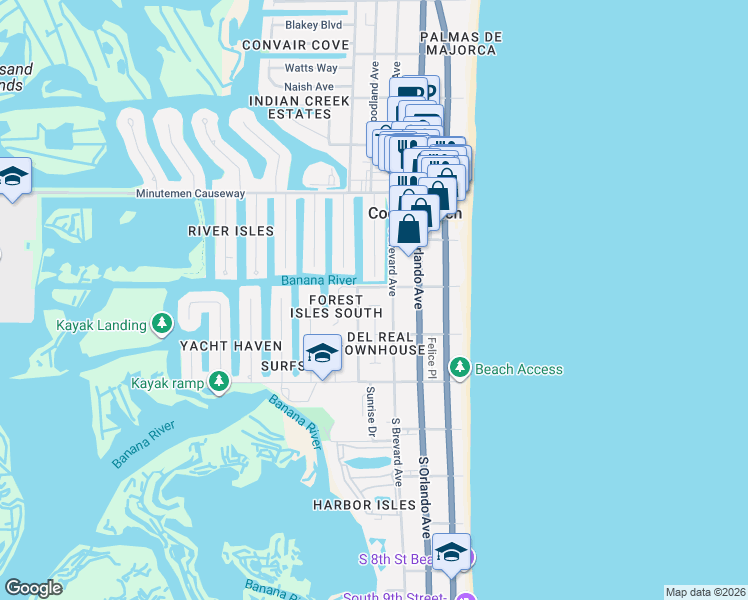 map of restaurants, bars, coffee shops, grocery stores, and more near 242 South Brevard Avenue in Cocoa Beach