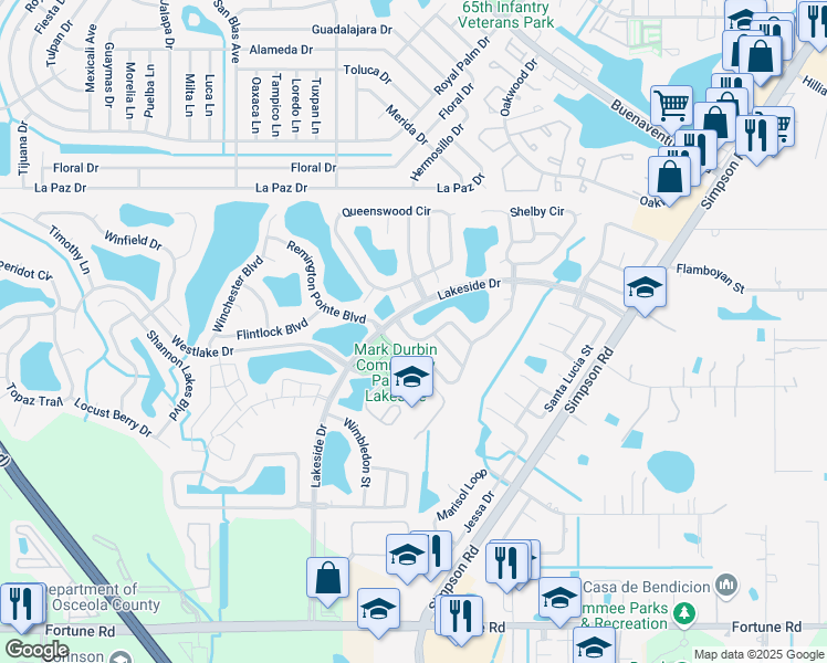 map of restaurants, bars, coffee shops, grocery stores, and more near 2301 Flamingo Lakes Drive in Kissimmee