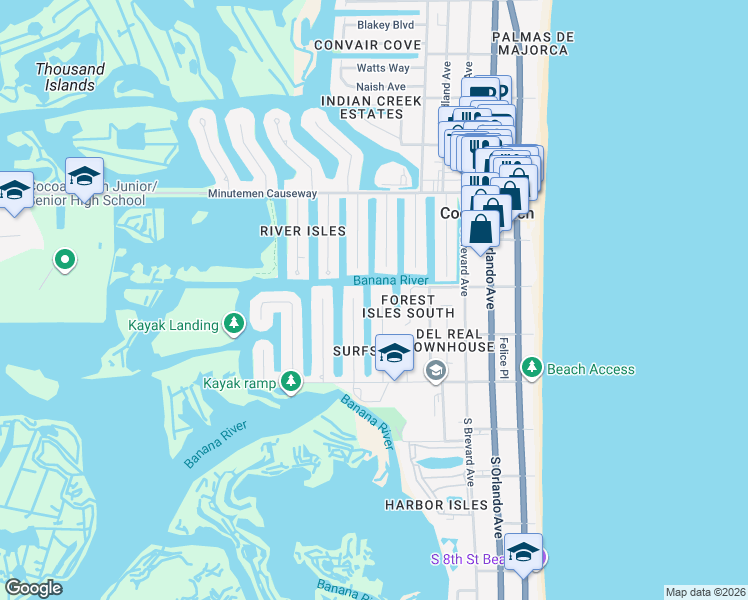map of restaurants, bars, coffee shops, grocery stores, and more near 52 Riverview Lane in Cocoa Beach