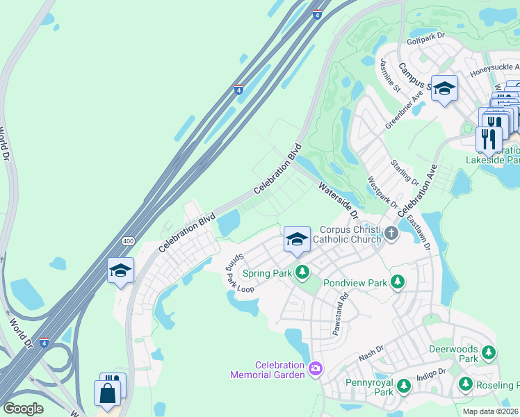 map of restaurants, bars, coffee shops, grocery stores, and more near 765 Centervale Drive in Celebration