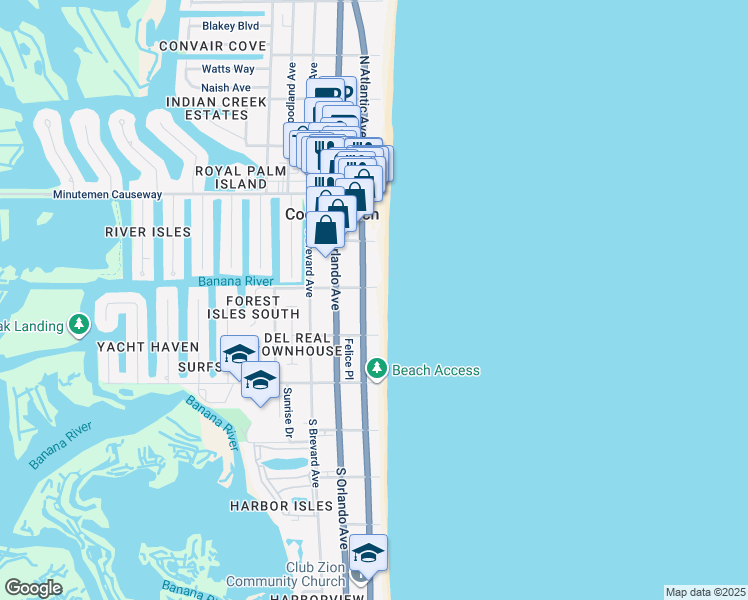 map of restaurants, bars, coffee shops, grocery stores, and more near 249 South Atlantic Avenue in Cocoa Beach