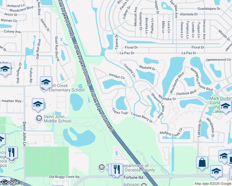 map of restaurants, bars, coffee shops, grocery stores, and more near 2309 Topaz Trail in Kissimmee