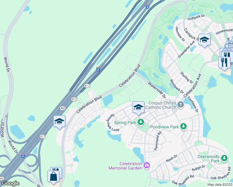 map of restaurants, bars, coffee shops, grocery stores, and more near 765 Centervale Drive in Celebration