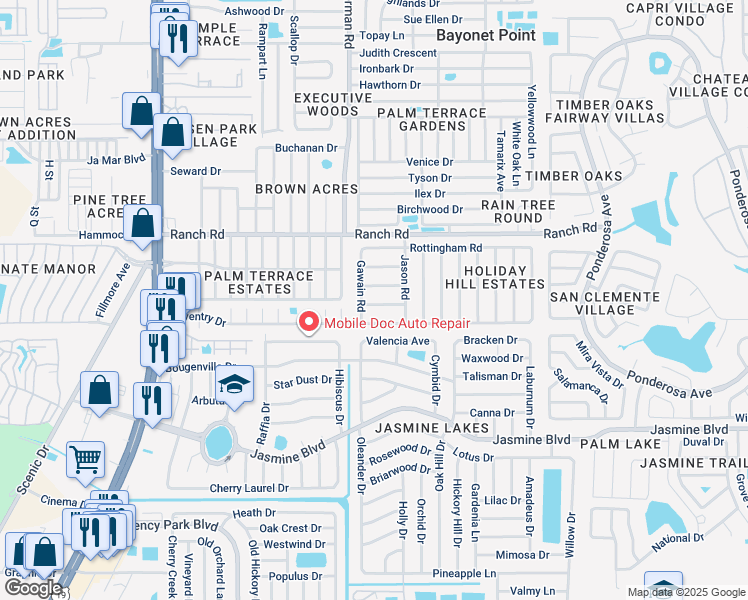 map of restaurants, bars, coffee shops, grocery stores, and more near 7525 Camelot Road in Port Richey