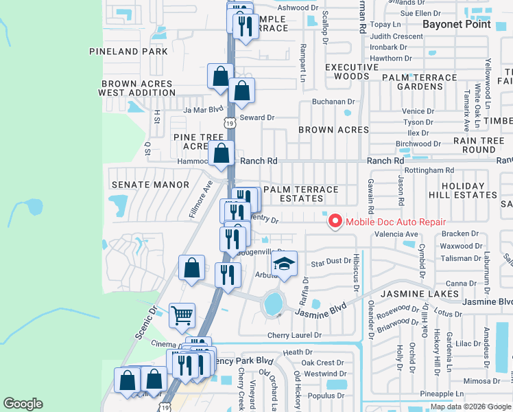 map of restaurants, bars, coffee shops, grocery stores, and more near 10817 Premier Avenue in Port Richey