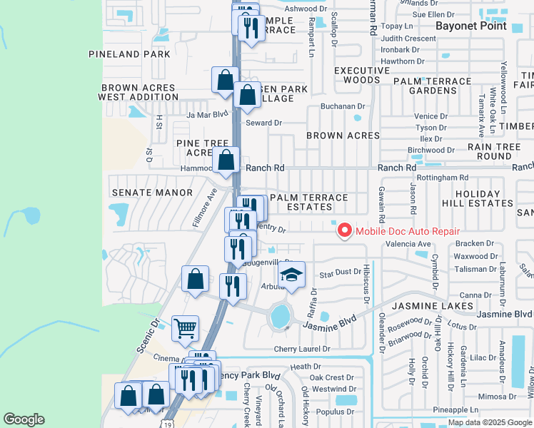 map of restaurants, bars, coffee shops, grocery stores, and more near 7037 Coventry Drive in Port Richey