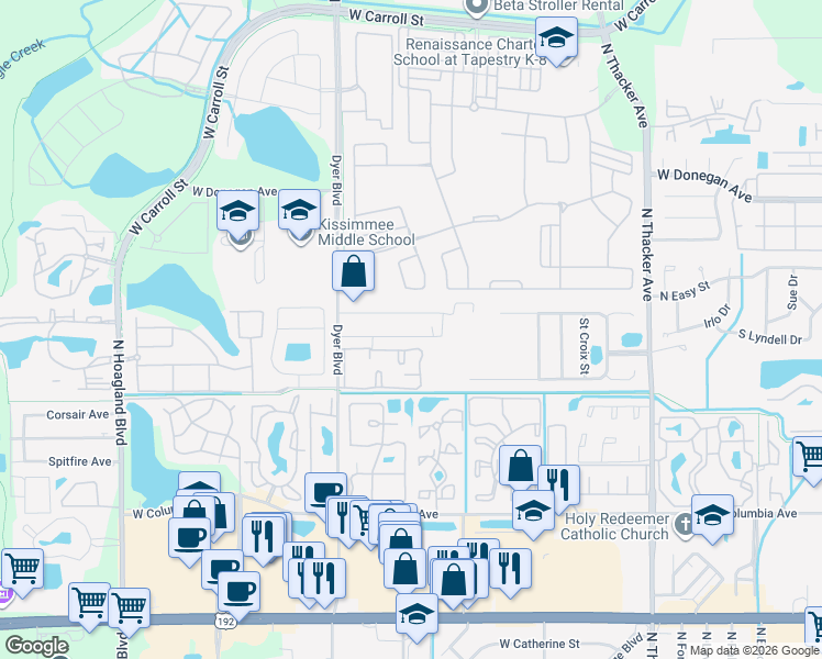 map of restaurants, bars, coffee shops, grocery stores, and more near 2902 West Fox Squirrel Drive in Kissimmee