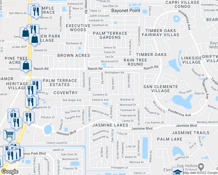 map of restaurants, bars, coffee shops, grocery stores, and more near 10814 Kingsbridge Road in Port Richey