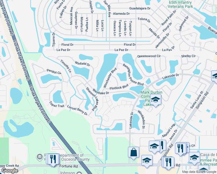 map of restaurants, bars, coffee shops, grocery stores, and more near 2107 Flintlock Boulevard in Kissimmee