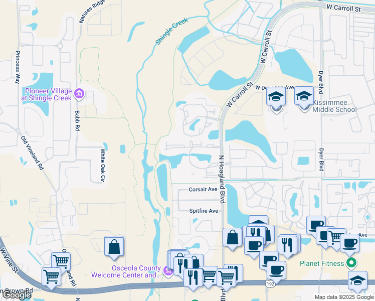 map of restaurants, bars, coffee shops, grocery stores, and more near 4116 Vista Lago Circle in Kissimmee