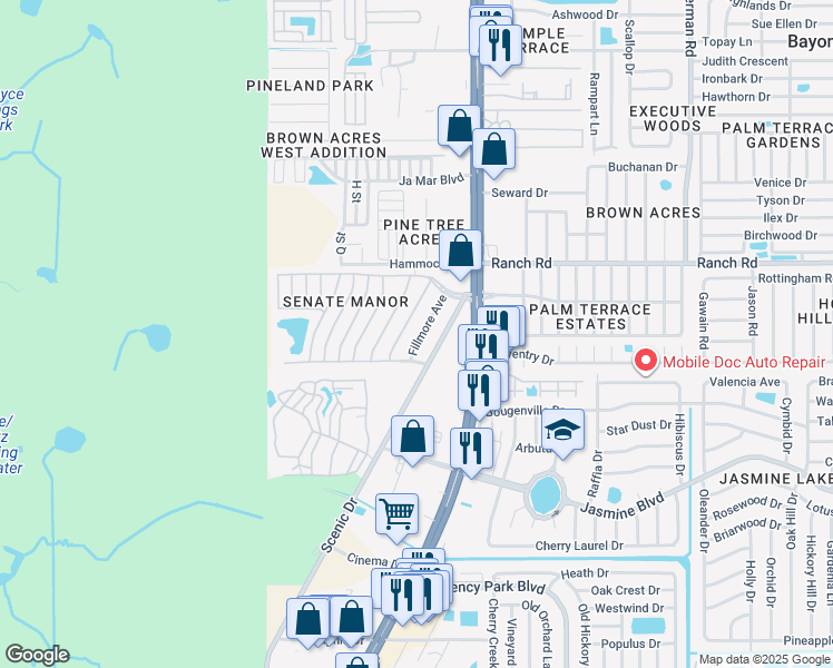 map of restaurants, bars, coffee shops, grocery stores, and more near 10817 Fillmore Avenue in Port Richey