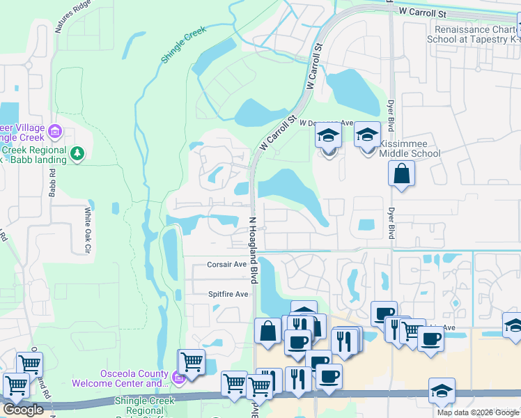 map of restaurants, bars, coffee shops, grocery stores, and more near 4001 San Sebastian Drive in Kissimmee