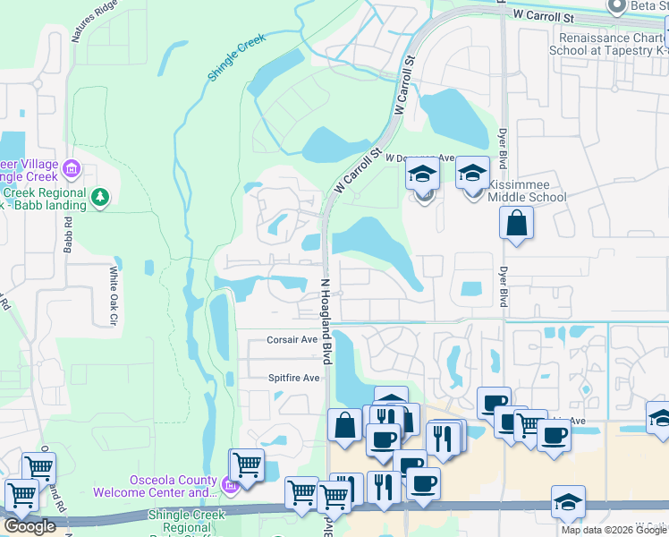 map of restaurants, bars, coffee shops, grocery stores, and more near 4001 San Sebastian Drive in Kissimmee