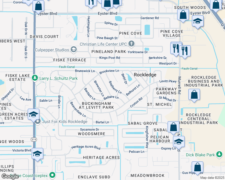 map of restaurants, bars, coffee shops, grocery stores, and more near 976 Bellaire Lane in Rockledge