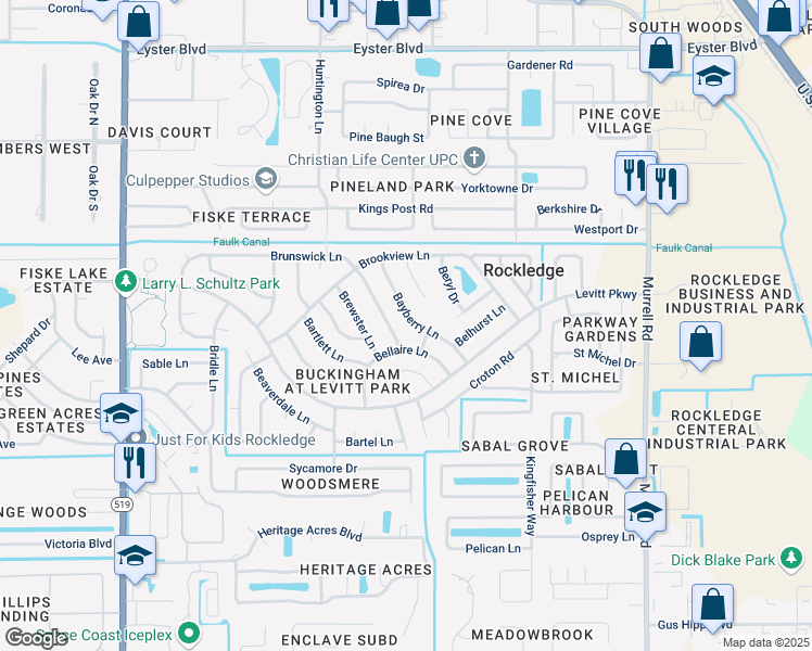 map of restaurants, bars, coffee shops, grocery stores, and more near 976 Bellaire Lane in Rockledge