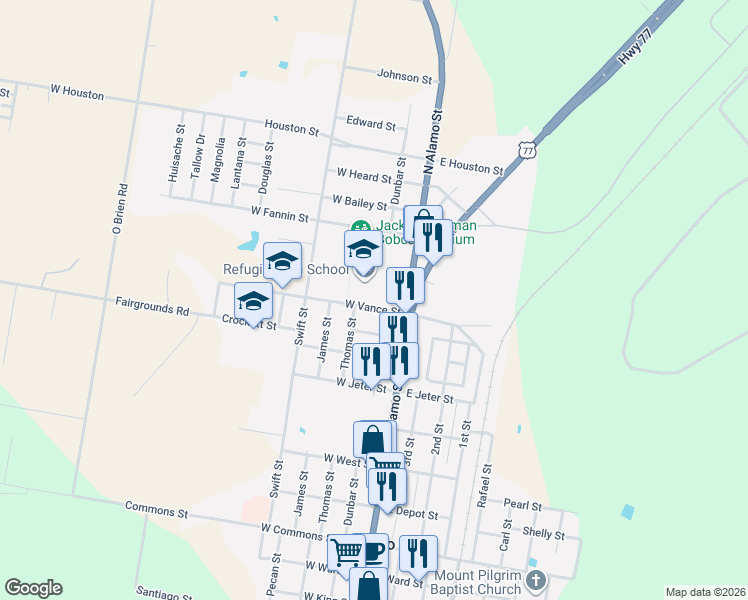 map of restaurants, bars, coffee shops, grocery stores, and more near 175 FM 136 in Woodsboro