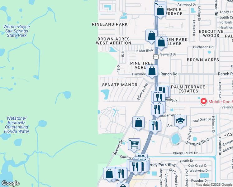map of restaurants, bars, coffee shops, grocery stores, and more near 10802 Union Drive in Port Richey