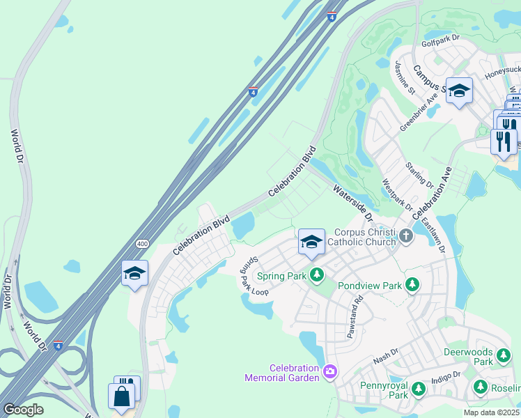 map of restaurants, bars, coffee shops, grocery stores, and more near 765 Centervale Drive in Celebration