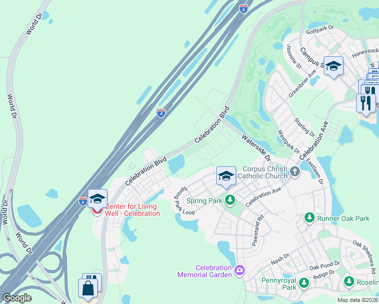 map of restaurants, bars, coffee shops, grocery stores, and more near 765 Centervale Drive in Celebration