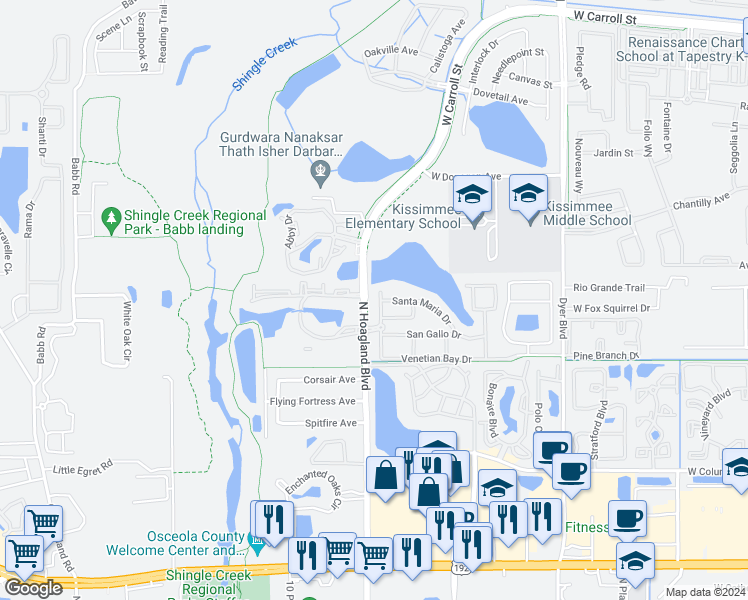 map of restaurants, bars, coffee shops, grocery stores, and more near 10475 San Vital Drive in Kissimmee