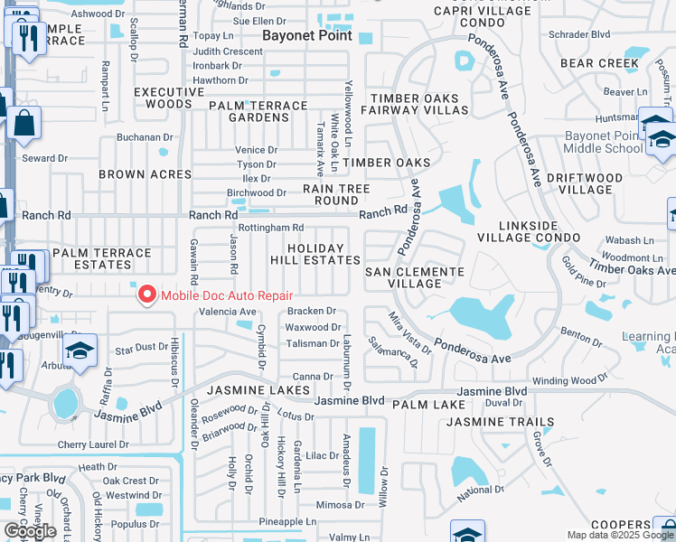 map of restaurants, bars, coffee shops, grocery stores, and more near 10816 Piccadilly Road in Port Richey
