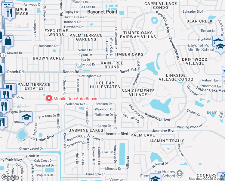 map of restaurants, bars, coffee shops, grocery stores, and more near 10800 Queens Road in Port Richey