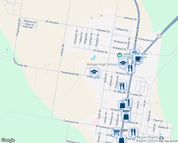 map of restaurants, bars, coffee shops, grocery stores, and more near 601 Kate Street in Refugio
