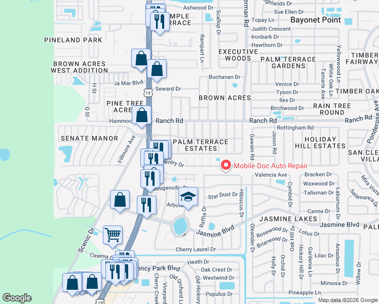 map of restaurants, bars, coffee shops, grocery stores, and more near 7125 Coventry Drive in Port Richey